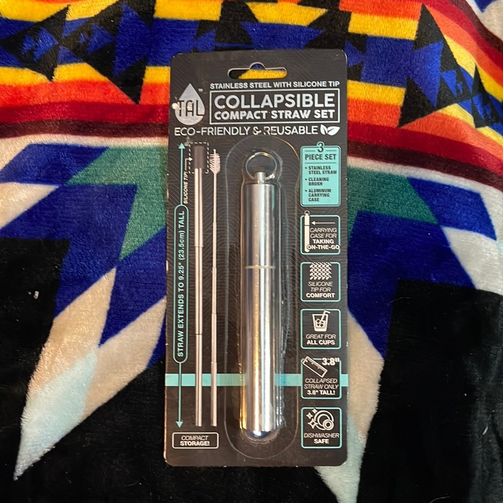 NIB- TAL Stainless Steel, Eco Friendly, Collapsible & Compact 3 pc. Straw Set.